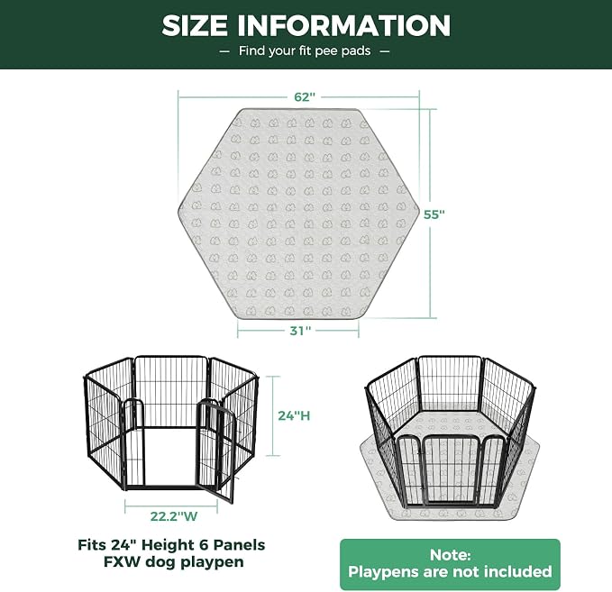 FXW Washable Pee Pads for Dogs, Super Absorbent, 31" Hexagon, 2 Packs | Machine washable, Non-slip backing, Fits 24"H 6-Panel FXW Rollick/Homeplus Playpens