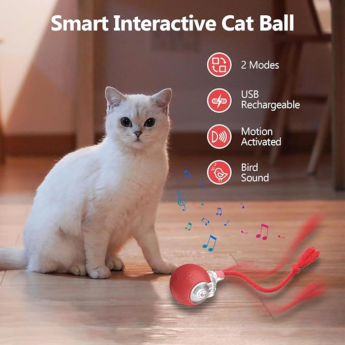 Interactive Cat Toys, Automatic Moving Cat Toys for Bored Indoor Adult Cats, Fast Rolling, Chirping & Motion-Activated Kitty Toys, Fun Gift for Cats with Speedy Tail 2.0, USB Rechargeable,Red