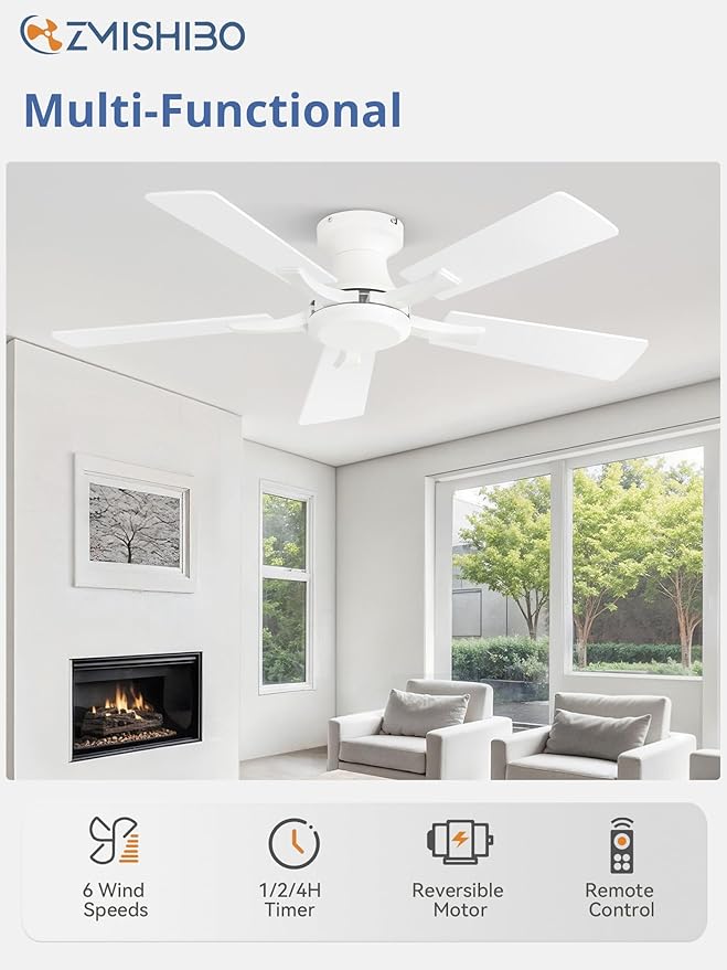 ZMISHIBO 42 Inch Ceiling Fan No Light, Flush Mount Low Profile, Modern White