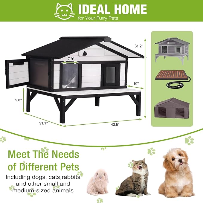 GUTINNEEN Heated Cat House for Outside Large Outdoor Cat House Insulated Weatherproof Feral Cat Shelter with Heating Pad, Insulated Thermal Liner, Chewproof Cable for 1-4 Cats, Winter-Ready (Black)