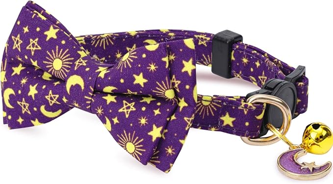 2 Pack Cotton Cat Collar with Bow Tie and Bell for Girl Boy Cats,Cute Purple Moon and Blue Cloud Pattern Spring Summer Breakaway Cat Collar for Male Female Cats(Moon&Cloud)