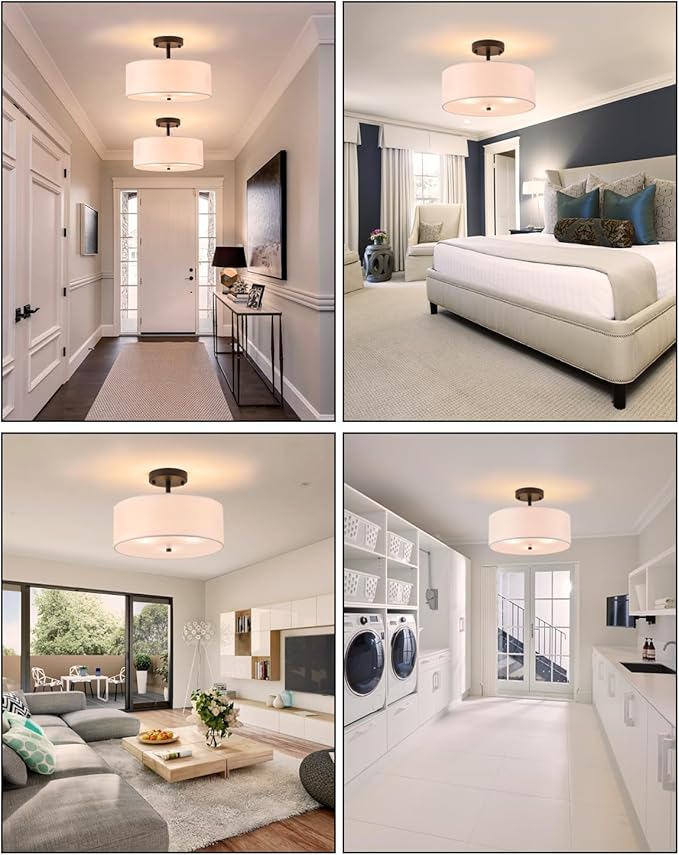 12.6" Semi Flush Mount Ceiling Light Fixture, 3-Light Black Drum Flush Mount Light Fixtures with White Fabric Shade, Modern Close to Ceiling Lights for Living Room Bedroom Hallway Entryway Foyer