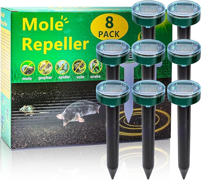 8PK New Green Mole Repellent for lawns Gopher Repellent Ultrasonic Solar Powered Snake Repellent Deterrent Mole Repeller Vole Repellent Outdoor Lawns Garden Yard All Pests Sonic Spikes Stakes Chaser