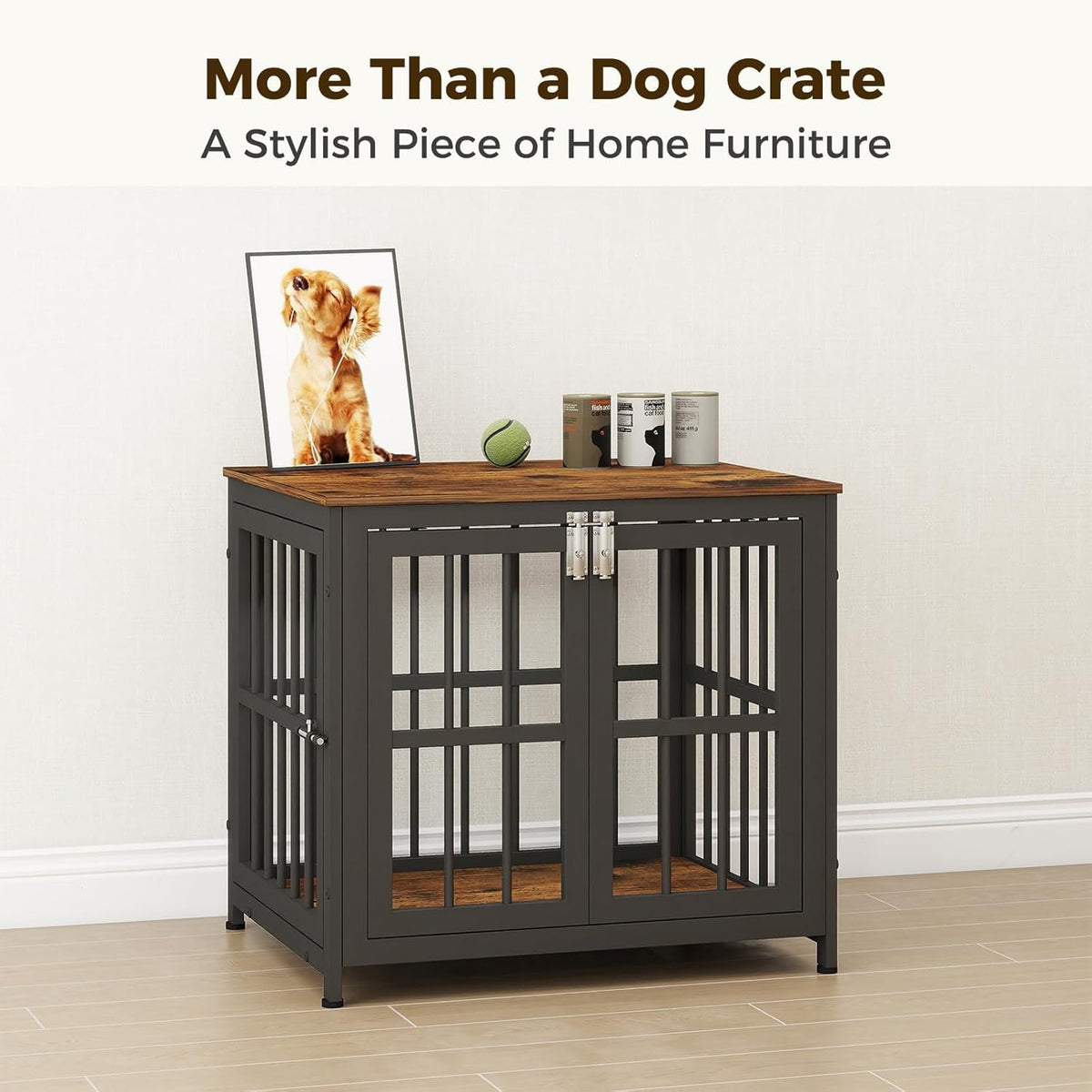 26 Inch Heavy Duty Wooden Dog Kennel End Table with Double Door Design and Secure Locks, Indoor Pet Crate Furniture for Small Dogs, Decorative Home Cage Design,Aged Black
