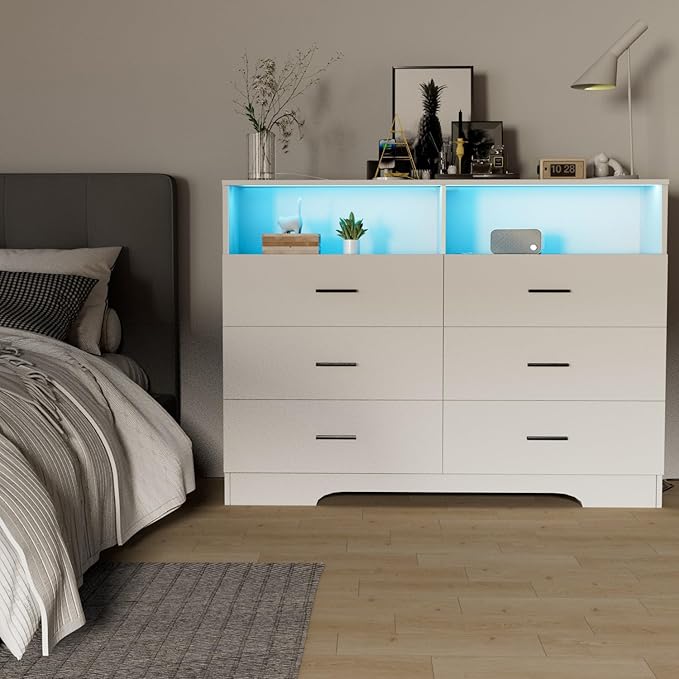 Dresser with Power Outlets and LED Lights Wooden 6 Drawer Dresser with Large