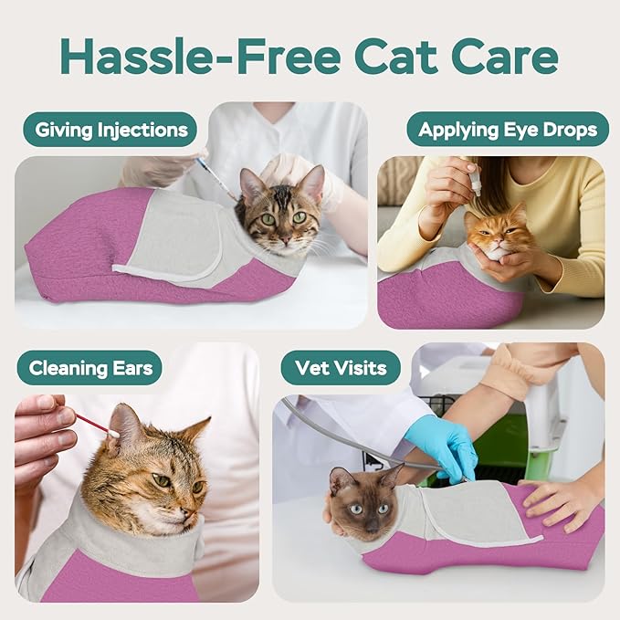 Self-Adhesive Cat Grooming Wrap, Cozy Cat Wrap for Cutting Nails, Breathable Anti-Scratch Cat Swaddle Bag for Brushing, Ear Cleaning, Dental Care, Medication, Injections,Pinkish Purple L