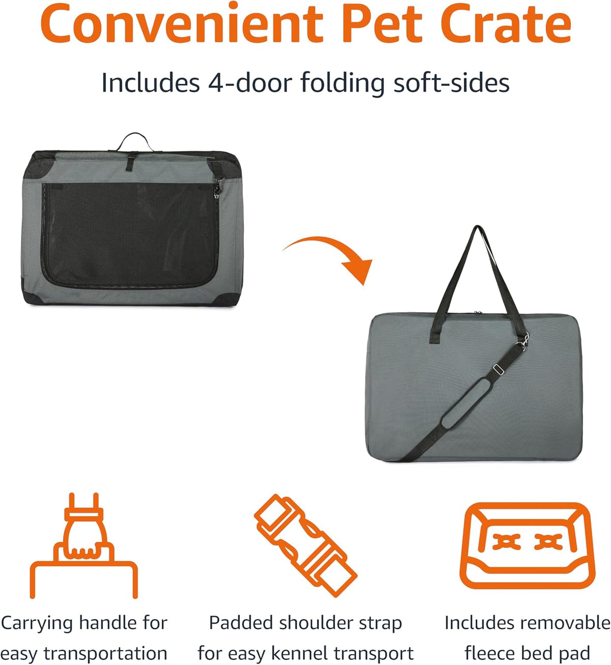 Amazon Basics 4-Doors Portable Soft-Sided Folding Travel Crate Kennel for cat, Dog, and Other Small Animals, Grey, L 36" x 24" x 24"