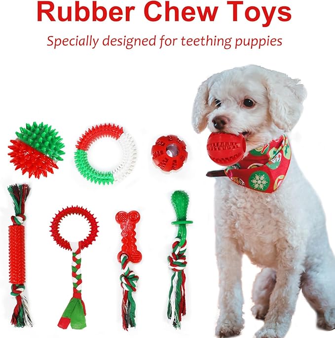 Beiker Christmas Dog Toys Bulk 15 Pack, Puppy Chew Toys for Teething Small Medium Puppies, Holiday Christmas Themed Presents Gifts Box Including Variety Tough Rubber and Rope Toys