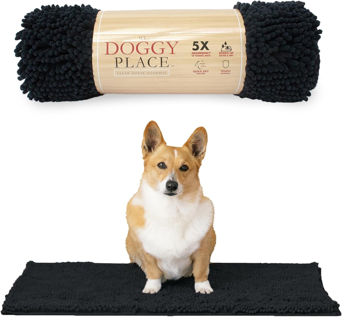 My Doggy Place Microfiber Dog Mat for Muddy Paws, 31" x 20" Black - Absorbent and Quick-Drying Dog Paw Cleaning Mat, Washer and Dryer Safe - Non-Slip Rubber Backed Dog Floor Mat, Medium