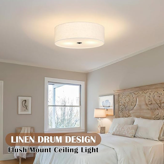 15.7 Inch 3-Light Drum Modern Black Ceiling Light Fixture Flush Mount Ceiling Light Fixture Dimmable Close to Ceiling Light Fixture with Fabric Shade for Living Room Hallway Entryway Bedroom