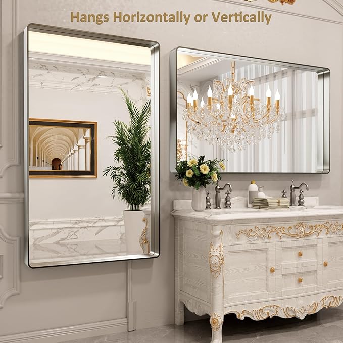 LOAAO 60X28 Inch Brushed Nickel Bathroom Mirror, Rounded Rectangle Silver Metal