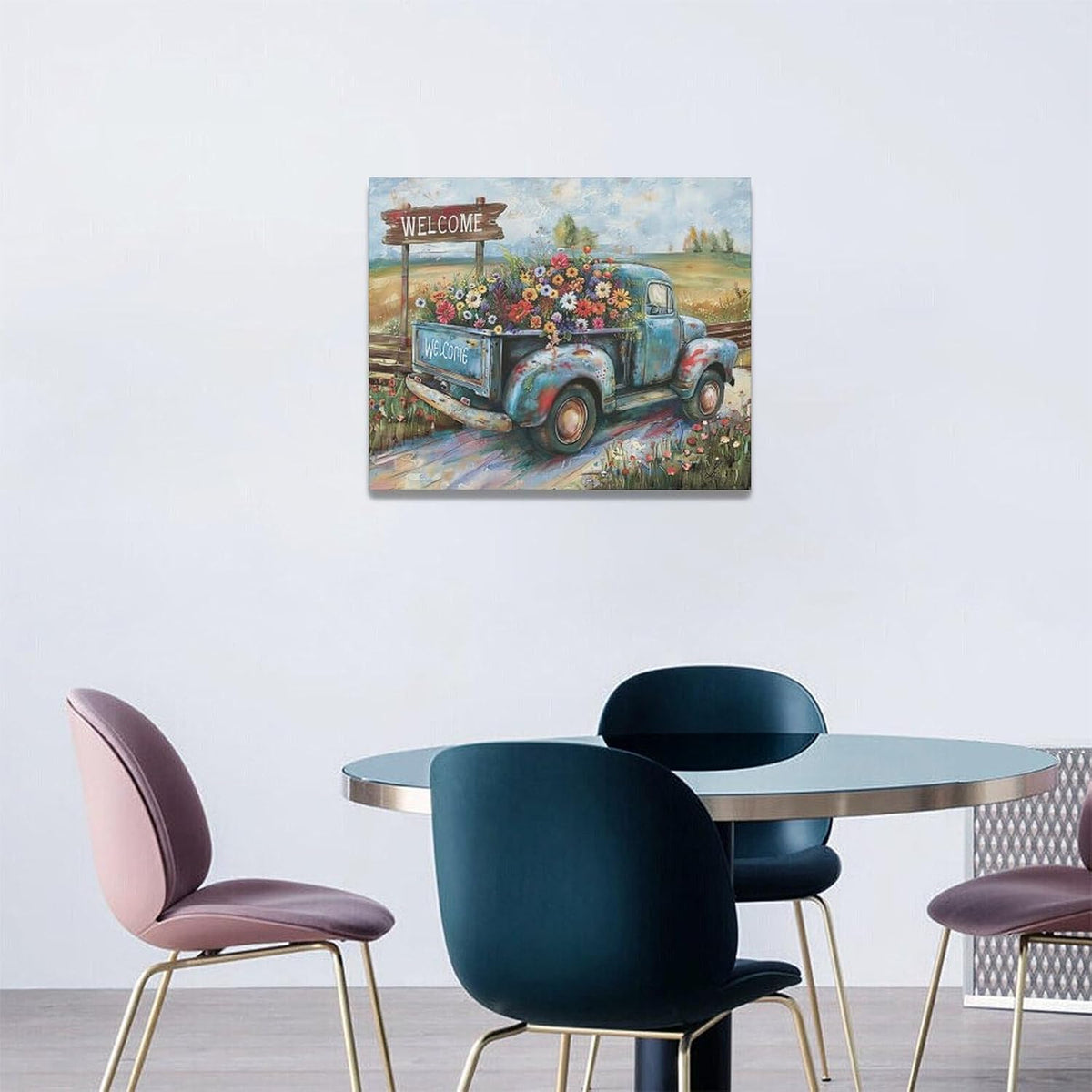 Farmhouse Truck Wall Art Rustic Country Wildflowers Wall Decor Road Flowers Landscape Pictures Canvas Print Painting Artwork for Bathroom Living Room Bedroom 16"x20"