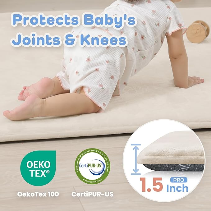 PaPaMat 1.5" Thick Baby Play Mat for Floor, 59x79 Playpen Mat, Pro Soft Flannel Foam Mats Toddler Infant Kids Crawling for Nursery Rug Playroom Living Room Waterproof Easy Care Non-Slip (Beige)