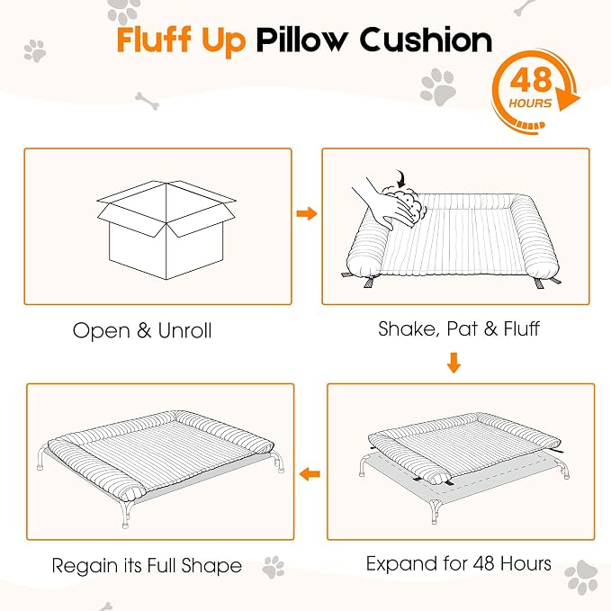 Elevated Dog Bed with Removable Fluffy Pillow Cushion, Raised Pet Cot Washable Bolster, Dog Couch Sofa, Anti Slip Feet, Breathable Mesh, Khaki, 49"×36"