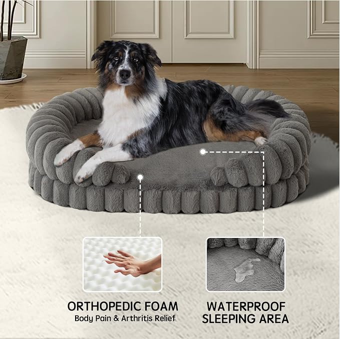 BALANCE Calming Dog Bed for Large Sized Dogs, 36 Inches Oval Washable Pet Bed with Sides, Orthopedic Pet Couch Sofa with Non-Slip Bottom, Gray