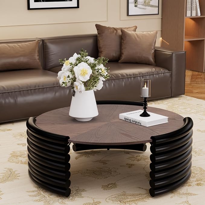 36" Round Coffee Table for Living Room Mid Century Modern Vintage Circle Coffee Table Center Tables Fluted Accent Tea Tables for Apartment Living Room