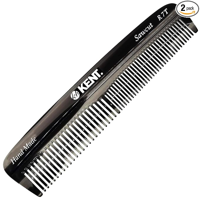 Kent R7T Black Graphite Double Tooth Hair Pocket Comb, Small Fine/Wide Tooth Comb For Grooming Styling Hair, Beard and Mustache, for Men, Women and Kids. Saw Cut and Hand Polished. Handmade in England