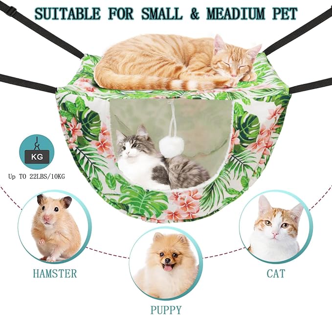 JSPYFITS Cat Cage Hammock with Ball,Double Layer Hanging Adjustable Soft Pet Bed Suit for Kitten Ferret Puppy Rabbit or Small Pet, 2 Level Indoor Bed for All Season(INS Green Leaves)