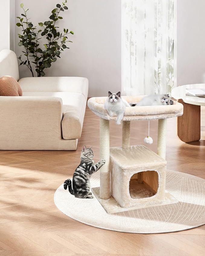 SYANDLVY 27" Cat Tree for Indoor Cats, Activity Tower with Scratching Posts, Modern Kitten Condo with Plush Perch & Hanging Ball for Play, Beige