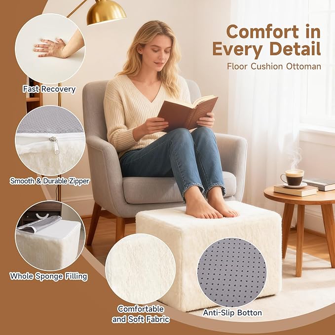 Tiita Square Stuffed Pouf Ottoman, Plush Poufs with Foam Chunk Filling, Foot Rest Stool for Living Room, Cream