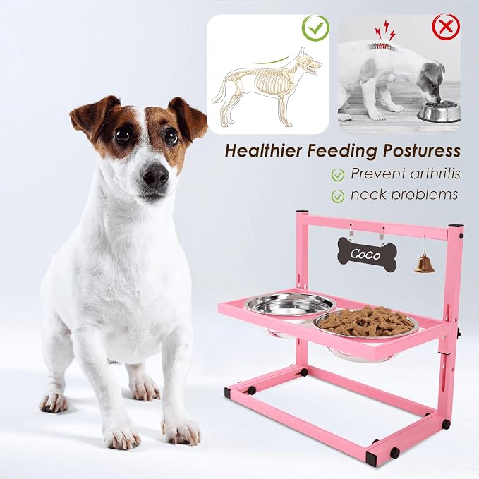 SHAINFUN Elevated Bowls for Small and Medium Dogs, Raised Stand With 2 Stainless Steel Food & Water Bowls, Adjustable Height Feeder for Puppy & Cats, Cute Pink