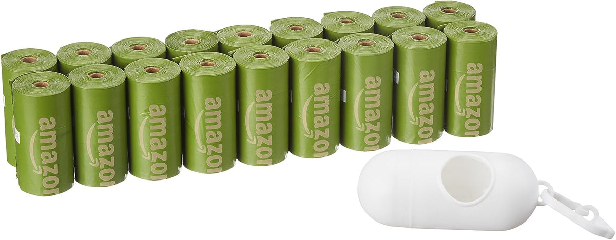 Amazon Basics Dog Poop Bags with Dispenser, 270 Count, Enhanced for Guaranteed Leakproof, Brazilian Mango Scented, Includes Leash Clip