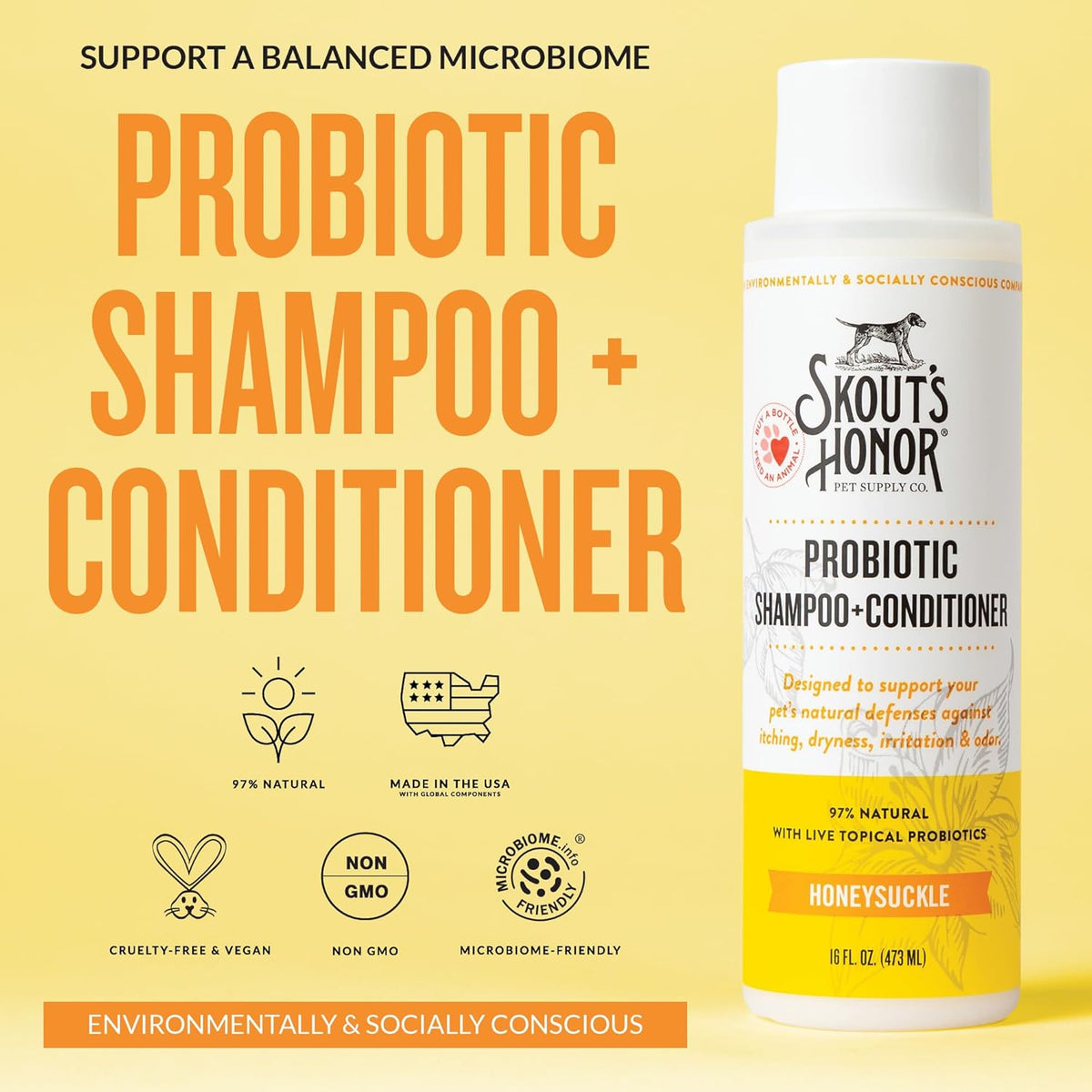 Skout's Honor Probiotic Dog Shampoo & Conditioner with Avocado Oil & Omega-3s, 97% Natural, Paraben & Sulfate-Free, Cruelty-Free, 16oz, Honeysuckle