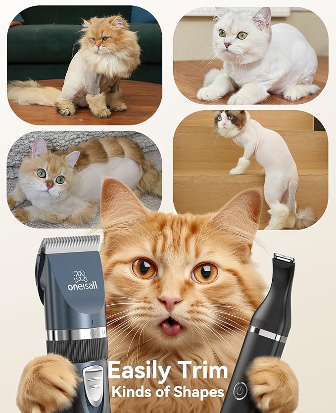 oneisall Cat Clippers and Paw Trimmer 3 in 1 Cat Grooming Kit,Cat Clippers for Matted Hair,Cordless Kitty Shaver for Matted Long Hair,2 Speed Pet Clippers