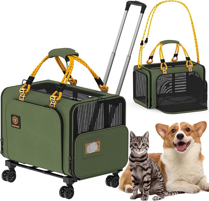 PAWZIDEA Expandable Large Pet Carrier with Wheels, 24x16x16 in Rolling Cat Carrier for 2–4 Cats up 55lb, Soft-Sided Collapsible Small Medium Dog Crate for Car Travel, Telescopic Handle, Storage Pocket