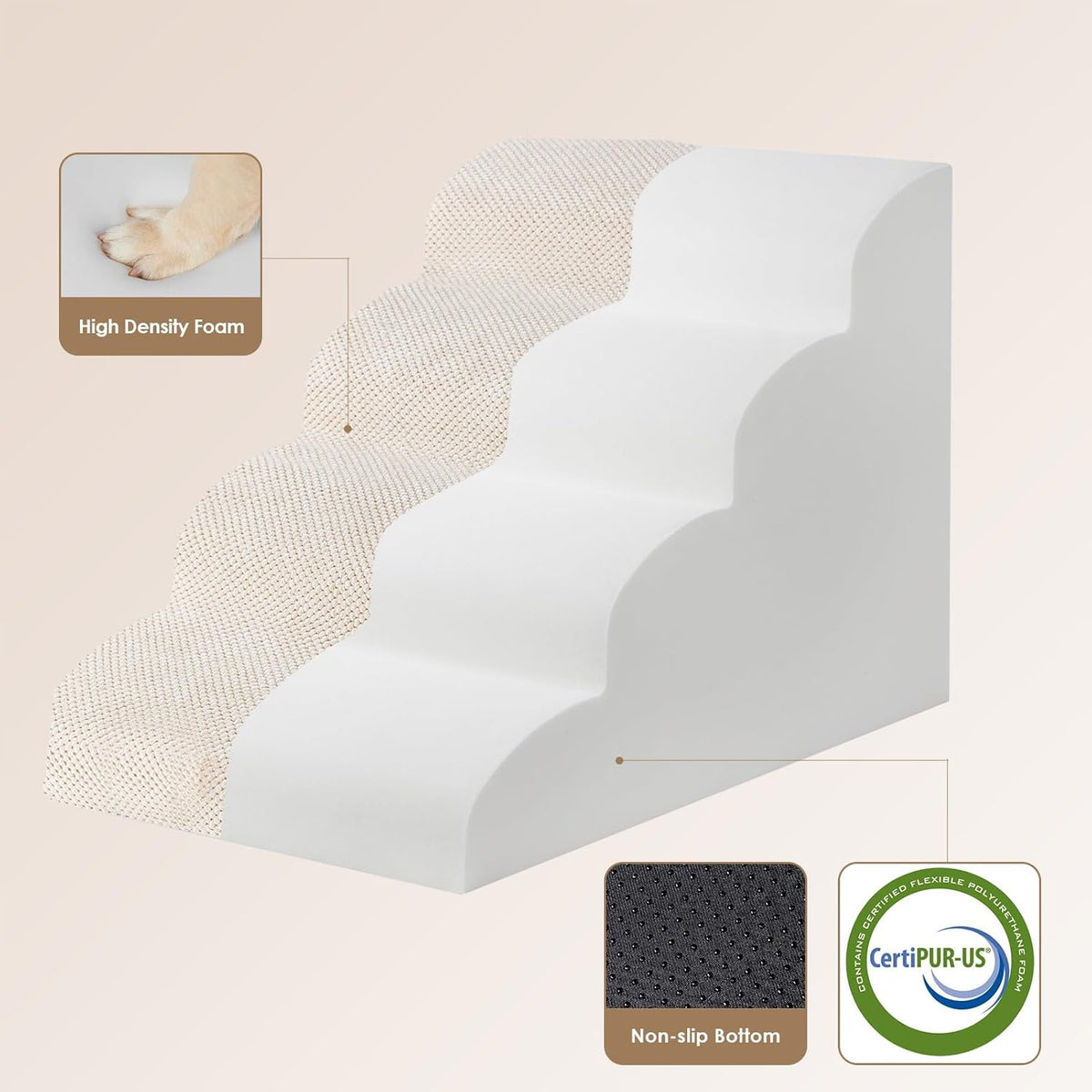 EHEYCIGA Curved Dog Stairs Ramp for High Beds 19.7" H, 4-Step Dog Steps for Small Dogs and Cats, Pet Stairs for High Bed Climbing, Non-Slip Balanced Pet Step Indoor, Beige