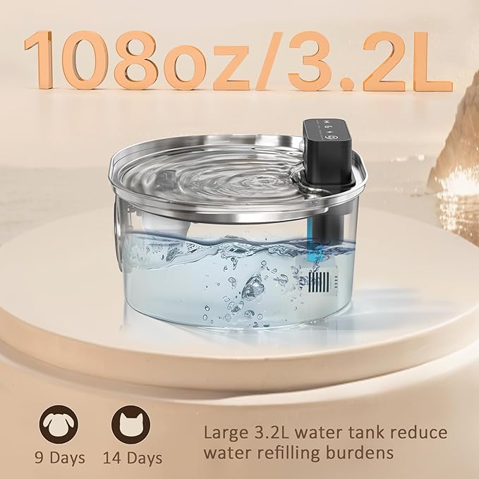 Voluas Stainless Steel Wireless Cat Water Fountain: 3.2L/108oz 3-Modes Pet Drinking Fountain Indoor Cordless Motion Sensor with 4200mAh Rechargeable Battery Operated