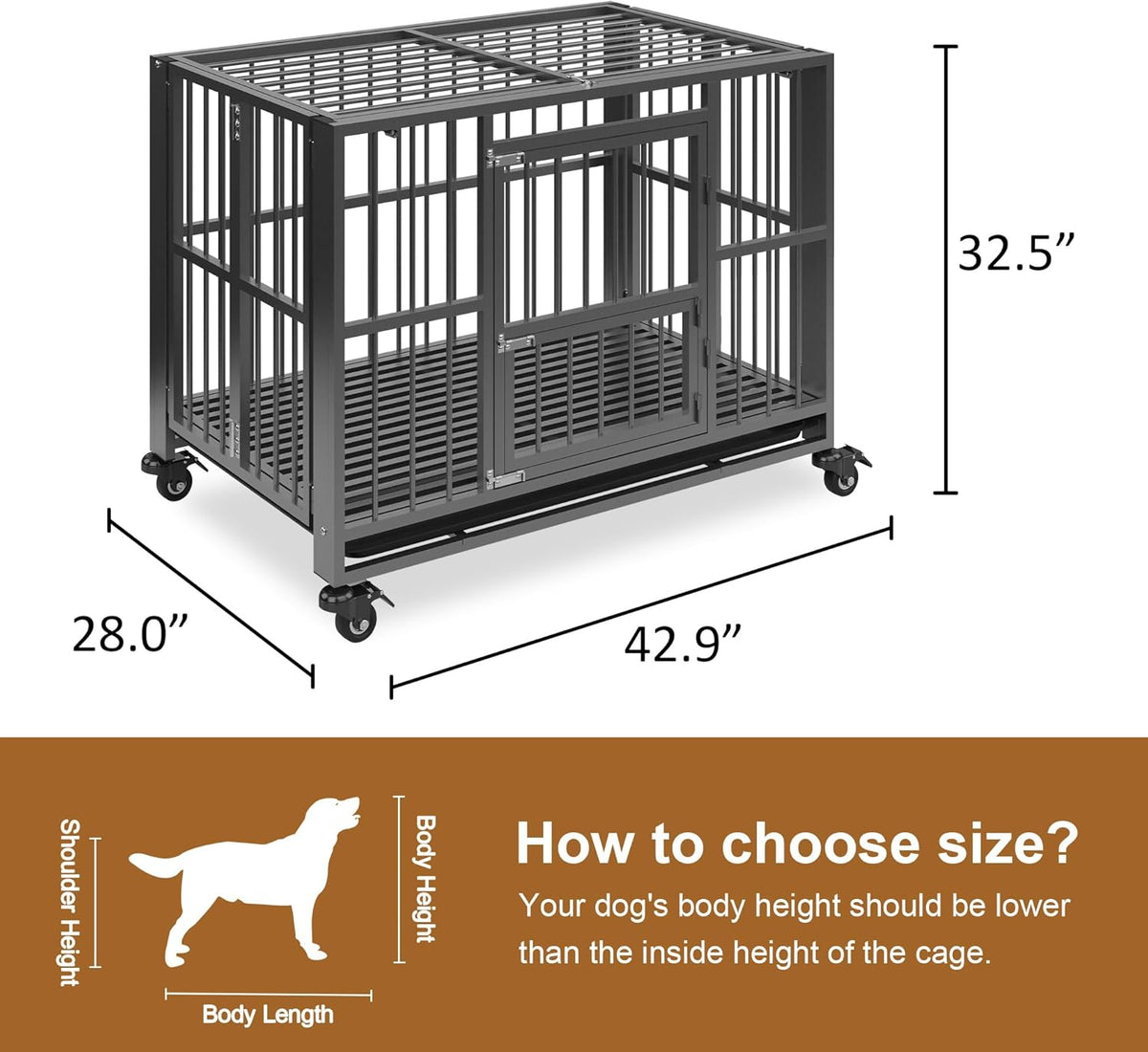 Polar Aurora Heavy Duty Dog Crate, Foldable Indestructible Dog Kennel, Escape Proof Extra Large Dog Cage with Lockable Wheels, High Anxiety Pet Playpen with Double Door for Indoor/Outdoor Use. (43in)