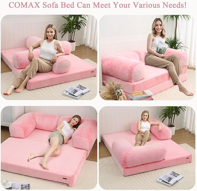 COMAX 4-in-1 Futon Sofa Bed, Queen Size Foldable Couch with L-Shaped Armrests, Convertible Sleeper Chair Bed, Comfortable Lounge Mattress for Living Room and Bedroom, Snow Pink