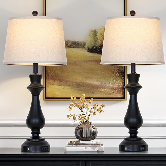 Modern Black Table Lamps Set of 2 for Living Room,30" Tall Bedside Lamp with USB Charging Port,3-Way Dimmable Touch Nightstand Lamp for Bedroom Desk Side Table Office,Black