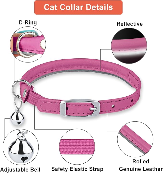 OOPSDOGGY Rolled Leather Cat Collar with Bell, Reflective Kitten Collars with Buckle Include Safety Elastic Strap - Adjustable Small Pet Collars for Boy Girl Cats (Fucsia)
