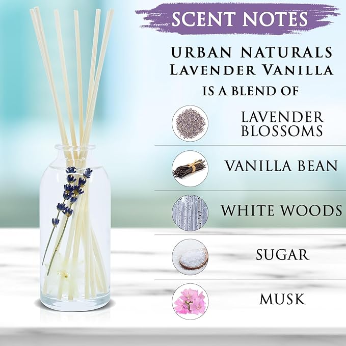 Urban Naturals Lavender Vanilla Reed Diffuser Set | Room Scent Infuser