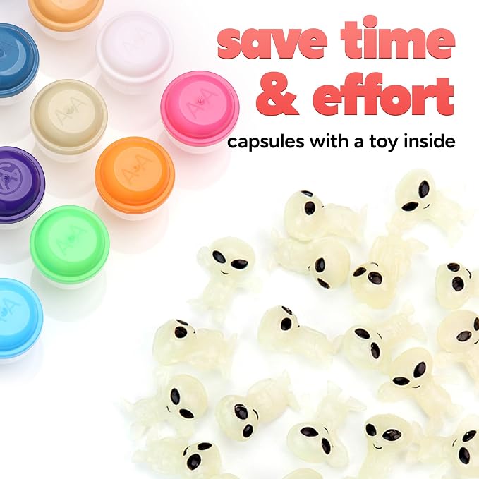Alien Toys in Capsules - 100 Pcs of 1.1 Inch Plastic Capsules & 1 Inch Glow in the Dark Alien Figurines for Kids - Party Favors - Classroom Prizes - Toys Bulk for Vending Machine Refill