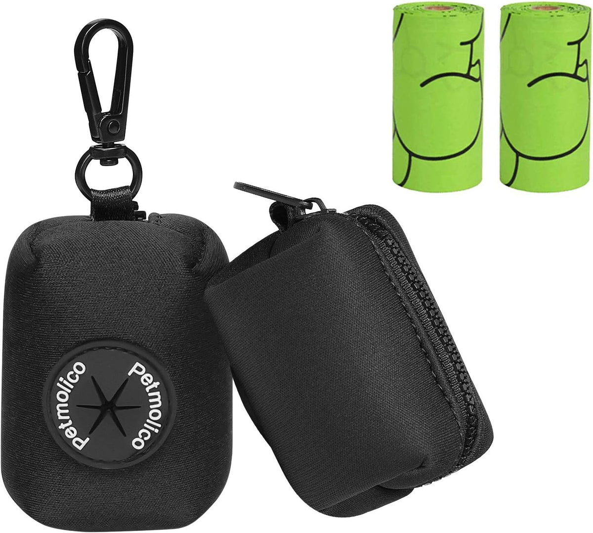 Petmolico Dog Poop Bag Holder Leash Attachment, Dog Waste Bag Dispenser Zippered Pouch, Fits Any Puppy Leash, Includes Free Roll of Poop Bags, Poop Bag Dispenser - 2 Pack, Black