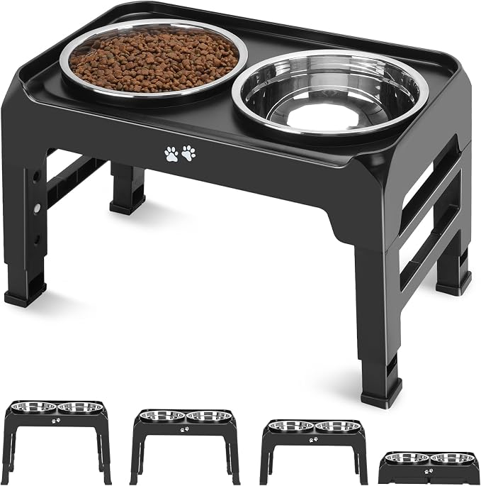 COMESOON Elevated Dog Bowls, 4 Height Adjustable Raised Bowl Stand with 2 Thick 50oz Stainless Steel Food Bowls Non-Slip Feeder Adjusts to 3.7'', 9.2'', 10.75'', 12.36'' Black, (DB-W01)