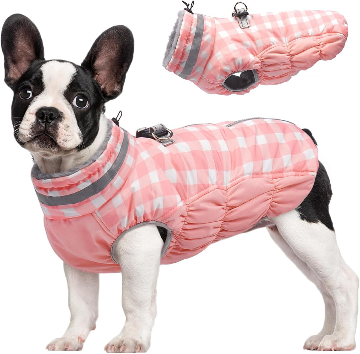 FUAMEY Dog Coat for Small Dogs,Waterproof Dog Winter Jacket with Harness Built in Puppy Cold Weather Coats Reflective Pet Vest with Zipper Warm Fleece Dogs Snowsuit Windproof Pink Plaid S