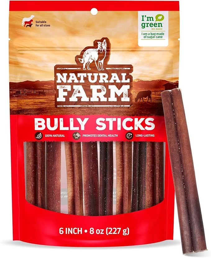 Natural Farm Odor-Free Bully Sticks (6”, 8oz) All-Natural Long-Lasting Chews, 100% Beef Pizzle, Grass-Fed, Grain-Free, Hormone-Free, Protein for Muscle Development & Energy, Perfect for Medium Dogs