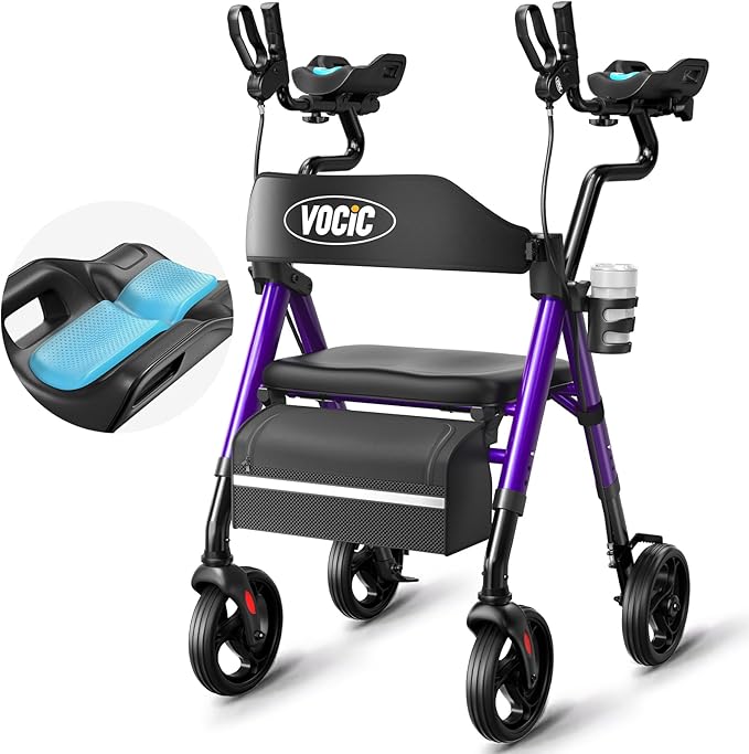 VOCIC Walkers for Seniors, Upright Walker with Adjustable Armrests, Z22 GelCool Stand Up Walker with Ergo Seat & Backrest, 8" All Terrain Rollator with 300lb,Cup& Cane Holder