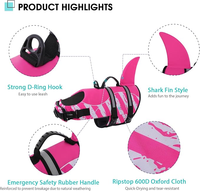 Dog Life Jacket High Flotation, Reflective Dog Life Vest for Swimming, Adjustable Dogs Life Preserver Rescue Handle Spring Summer Pool for Small, Medium, Large Dogs (Pinkwhite,L)