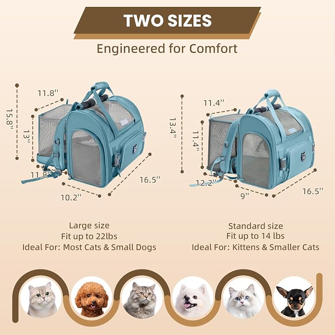 Expandable Cat Carrier Backpack for Large Cats - Airline Approved Pet Carrier Backpack for Small Dogs, Hiking & Travel, Waterproof with Breathable Mesh, 14lbs Capacity (Polar Blue, Standard)