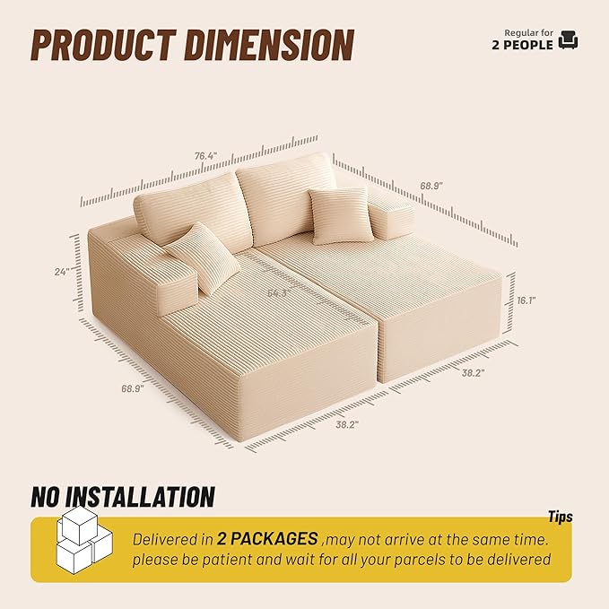 Chaise Lounge Chair, Boneless Couch for Living Room and Bedroom, Sleeper Couches Reading Chairs, Corduroy, White