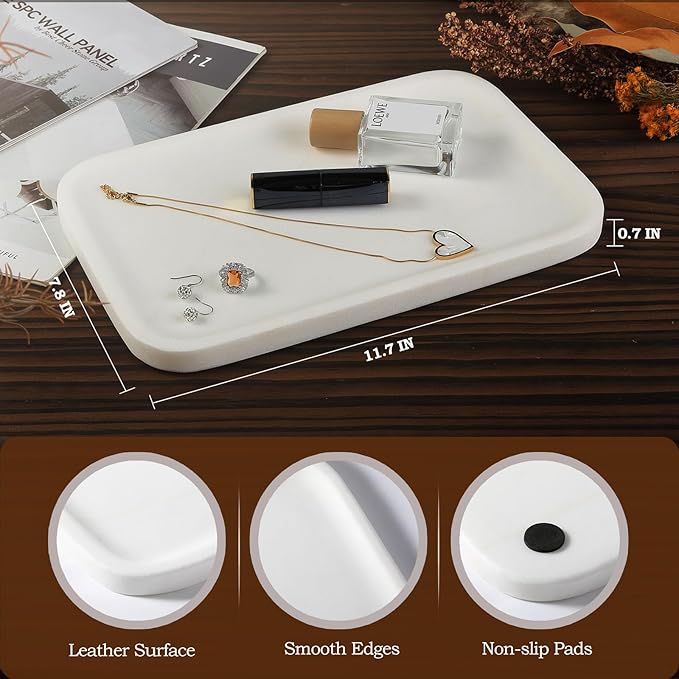 Koville Marble Tray, 12"x8" Marble Vanity Tray for Bathroom Kitchen Countertop, Rectangular Stone Tray for Cosmetics Perfume Trinket, Decorative Catchall Trays (White)