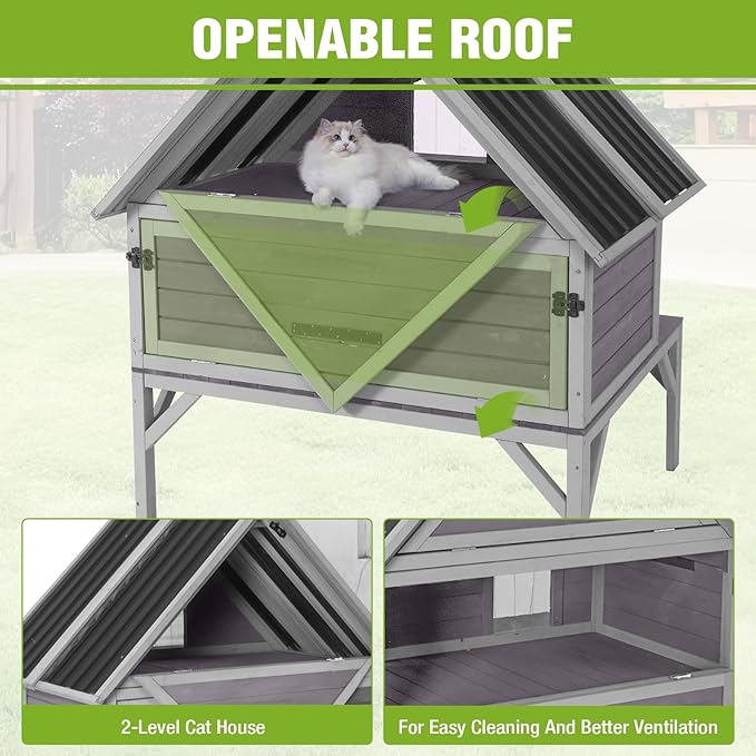 GUTINNEEN Large Outdoor Cat House 2-Story Insulated Cat House Indestructible Weatherproof Feral Cat Shelter with Openable Roof, Escape Doors for 1-6 Feral Barn Cats (Winter-Ready, 43.3"x34.3"x48.5")