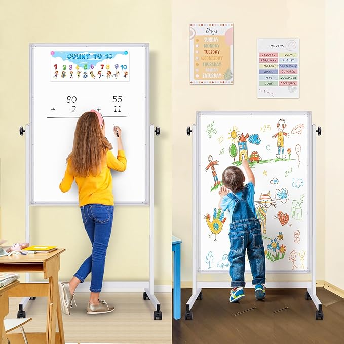 maxtek Rolling White Board, 44 x 28 Height Adjustable Whiteboard on Wheels, Large Magnetic Standing Mobile Easel Board, Double-Sided with Stand for Office, Home, and Classroom