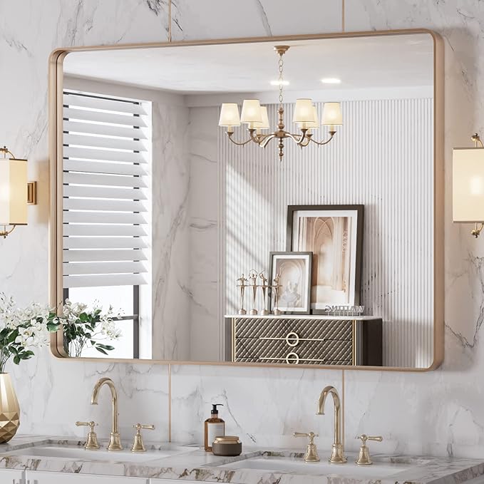 LOAAO 40”X30” Gold Bathroom Mirror, Rounded Rectangle Gold Frame Mirror
