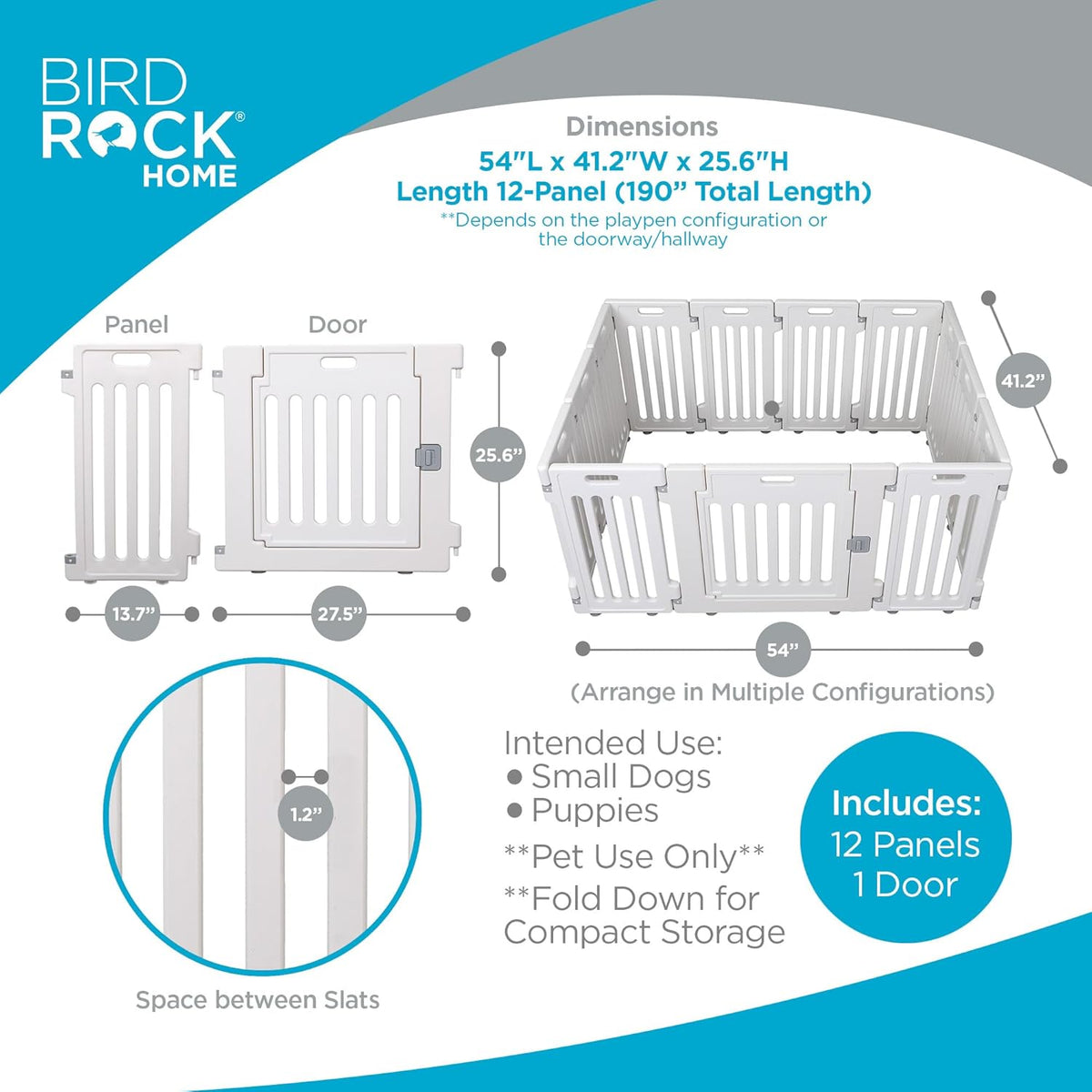 BIRDROCK HOME Pet Playpen with Door | 12 Panel | Strong Plastic | Puppy Safety Fence Pen Playpen | Non-Slip and Secure Dog Gate | White